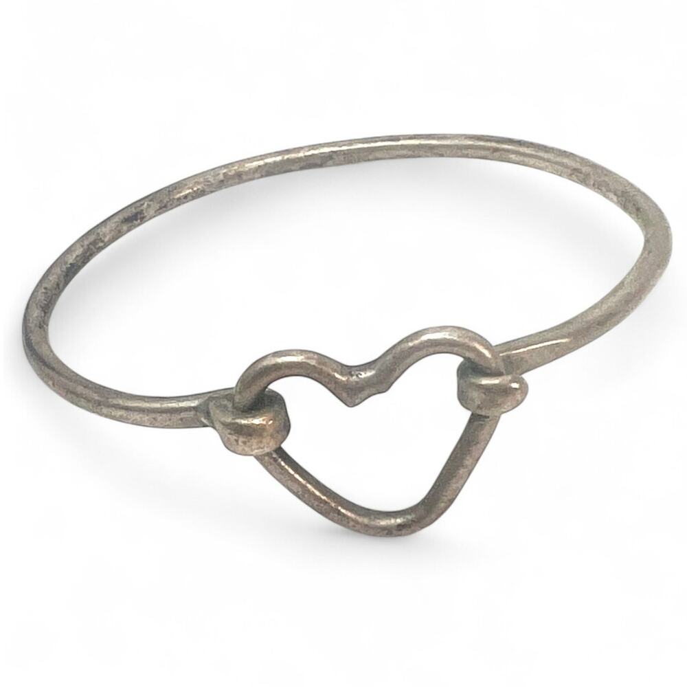 925 Sterling Silver Vintage 70's Minimal Simple Open Love Heart Bangle Bracelet
